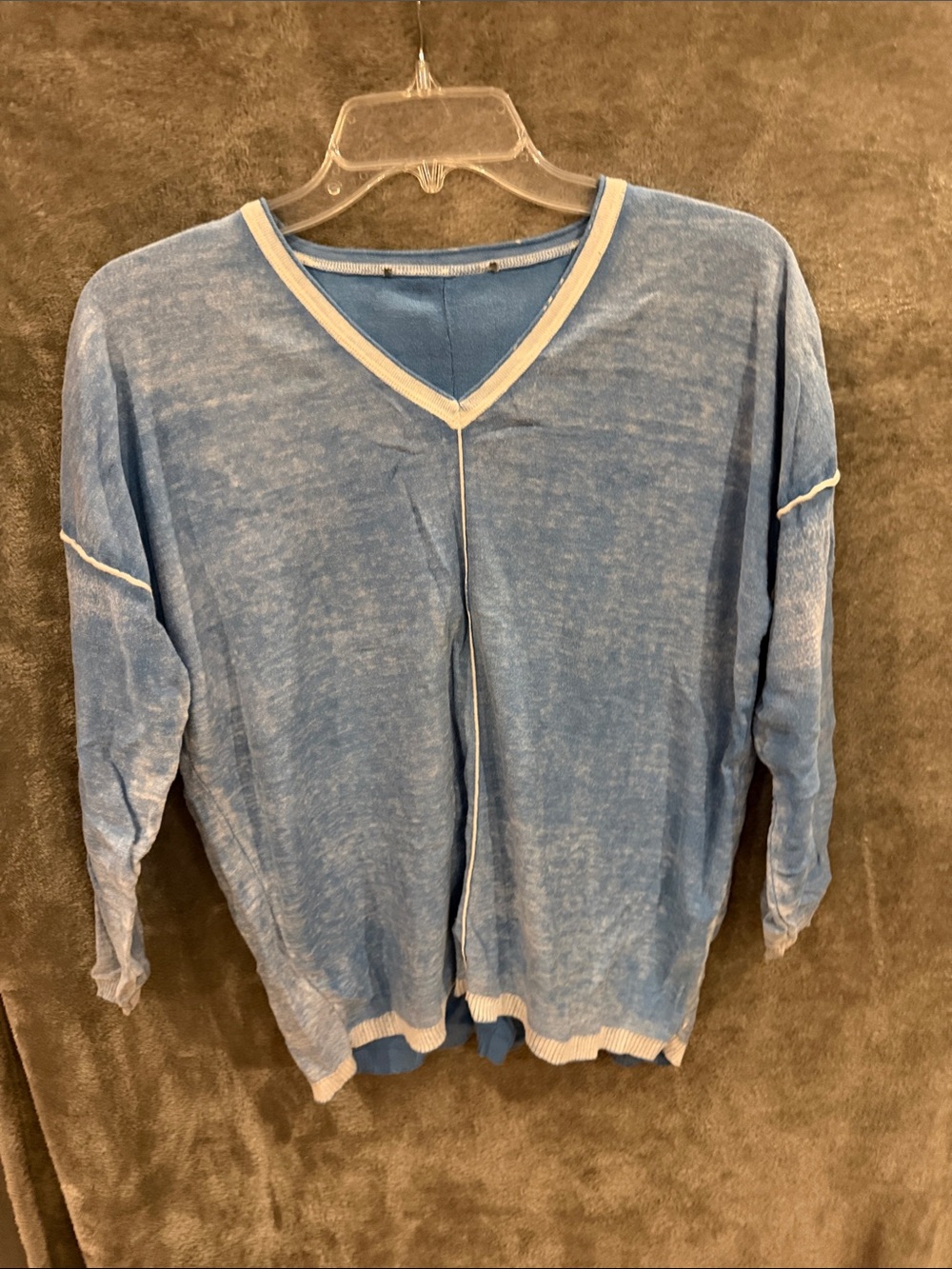 Distressed Soft Sky Blue V-Neck Sweater with Contrast Trim